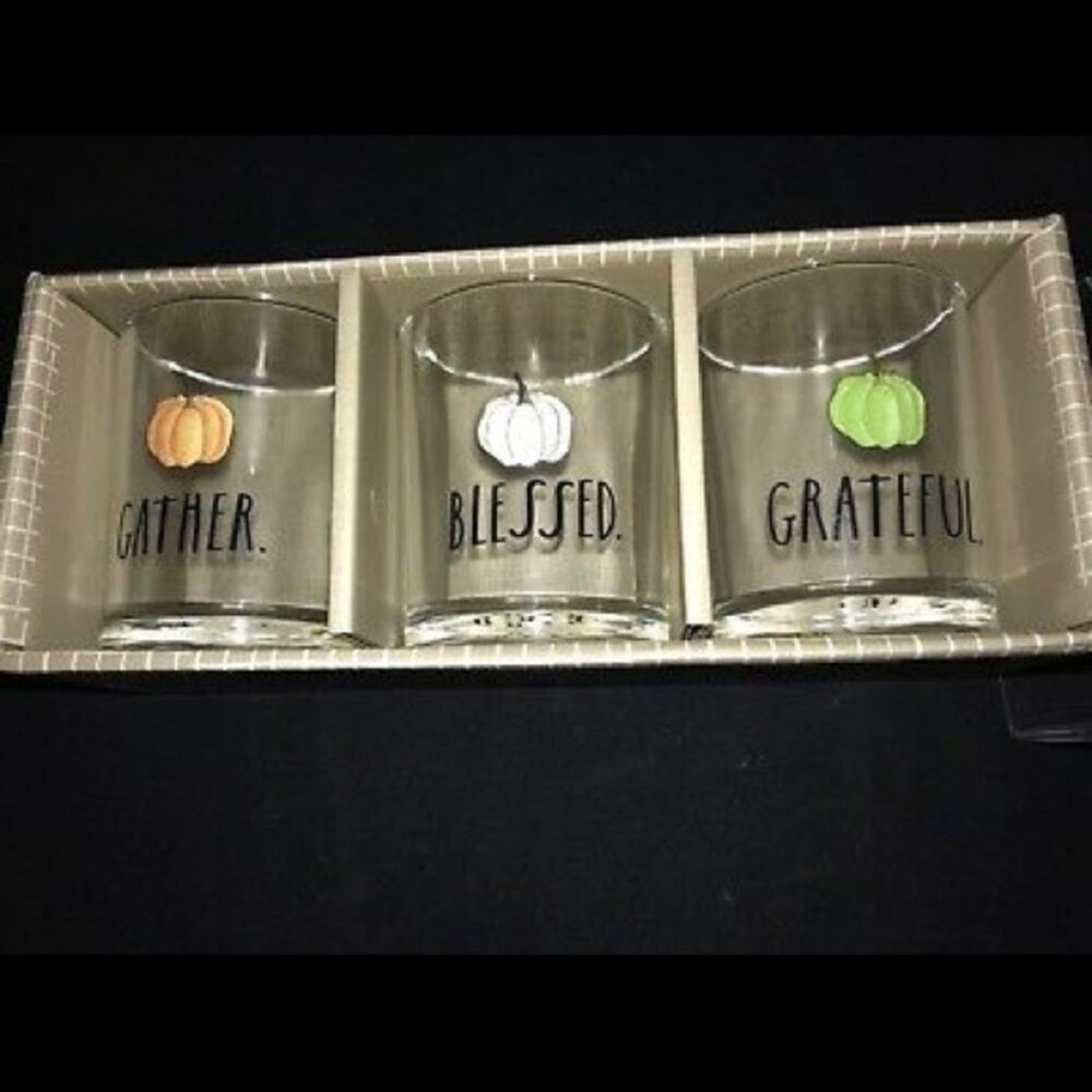 Rae Dunn Grateful Gather Blessed Mini Votive Set 3 Glass Pumpkin Fall NIB